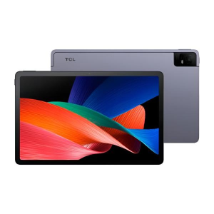 Front view of a TCL tablet with black bezels displaying a colorful abstract wallpaper; rear view shows the gray back and camera bump.