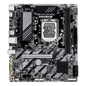 Black-and-silver Gigabyte motherboard with CPU socket, RAM slots, PCIe slot, and I/O ports visible from top view (gaming/desktop).